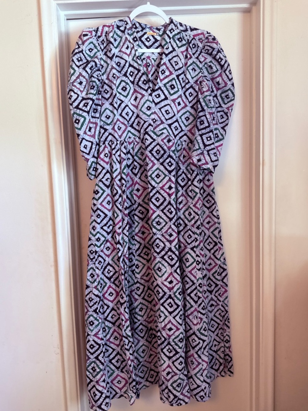 Matta Diamond-Print Puff Sleeve Midi Dress - Pink, Black, White